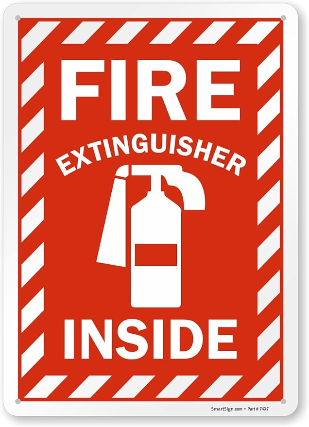 SmartSign 14 x 10 inch “Fire Extinguisher Inside” Metal Sign with Pre-cleared Holes, 40 mil Laminated Rustproof Aluminum, Red and white, Made in USA
