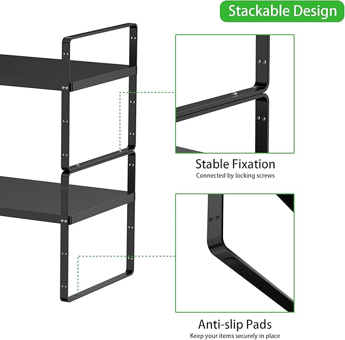 Expandable Cabinet Storage Shelf Stackable Organizer Rack for Kitchen Bathroom Pantry Spice Cupboard Countertop Home Office Desk Heavy Duty Nonslip Black Small 1 Pack