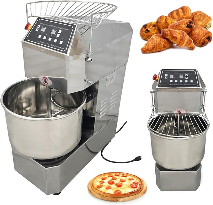 Commercial Spiral Dough Mixer 20L 304 Stainless Steel Stand Mixer with Double Action & Variable Speed, Heavy Duty Pizza & Bread Dough Kneading Machine for Restaurants, Bakeries, Home Kitchens