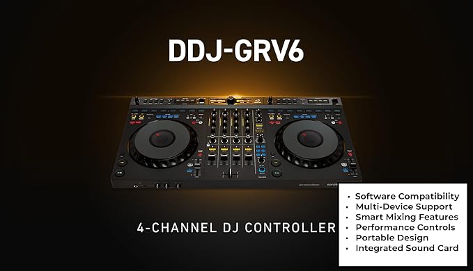 AlphaTheta DDJ-GRV6 4-Channel Performance DJ Controller Bundle with Case, Headphones, and Austin Bazaar Polishing Cloth