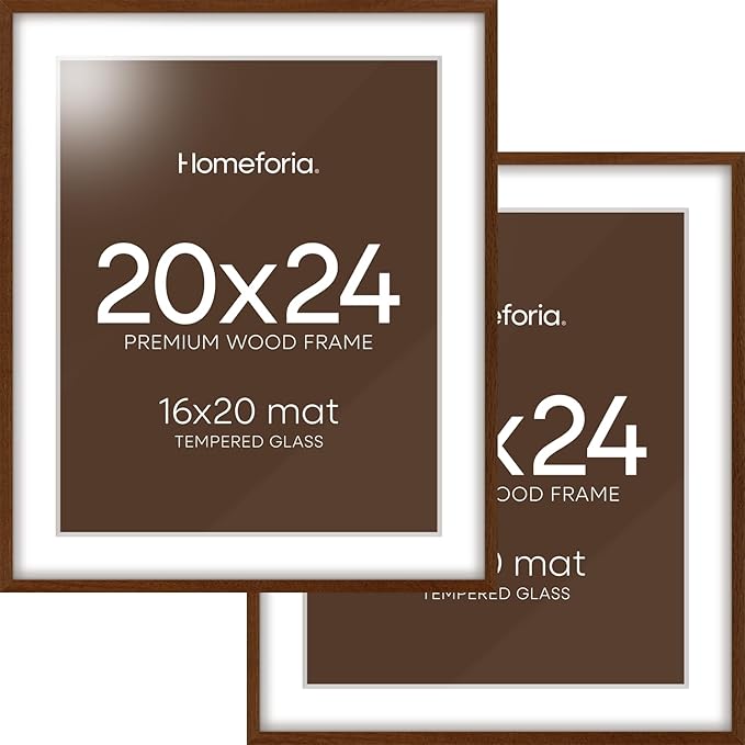 Homeforia 20x24 Picture Frame Brown, High End Dark Oak 20x24 Walnut Wooden Poster Frames with Mat 16x20, 20 x 24 Wood Frame Matted to 16 by 20, 24x20 Hanging Frames, Tempered Glass, Wall Kit, Set of 2
