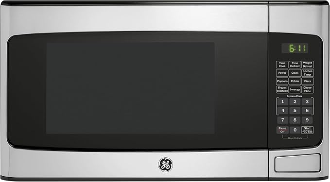 GE Compact Countertop Microwave Oven, 1.1 Cubic Ft., 950w Capacity, 6 Auto Cook Settings, Child-Lock Technology, Dorm Room, Apartment, Stainless Steel