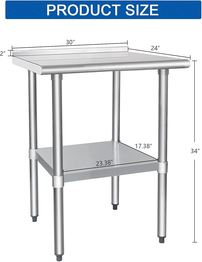 HARDURA Stainless Steel Table Prep & Work Table 24 x 30 Inches NSF Heavy Duty Commercial with Undershelf and Backsplash for Restaurant Kitchen Home and Hotel