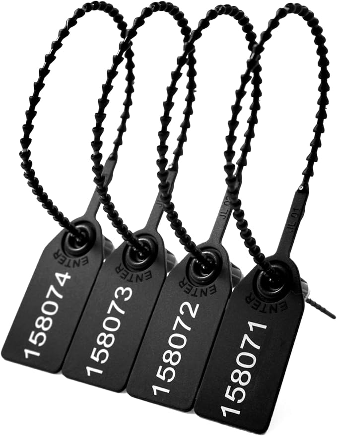 100 Plastic Security Seals Anti Tamper Fire Extinguisher Tags Numbered Zip Ties Disposable Pull Tite Secure Tags (Black)