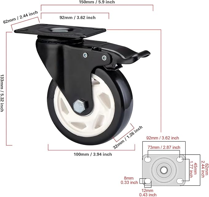 Heavy Duty Locking Caster Wheels with Brake, Non-Marking Swivel Casters Set for Cart & Furniture, 4 Inch Set of 4 / Black
