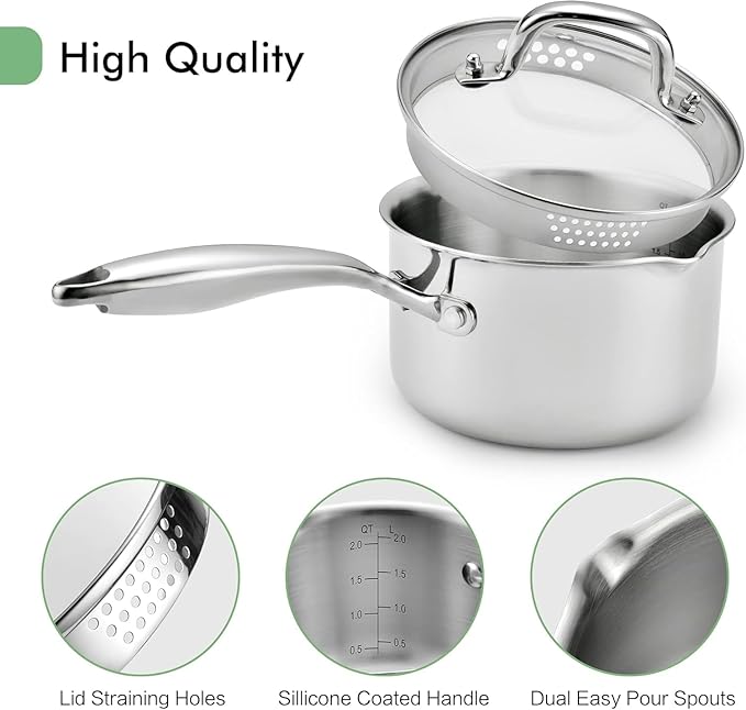 Tri-Ply Stainless Steel Sauce Pan with Steamer Basket & Strainer Glass Lid–Multi- Function Pot 2 QT- Modern Sleek Design–Safe,Chemical-Free & Stylish Cookware–Upgrade Your Kitchen with Healthy Cooking