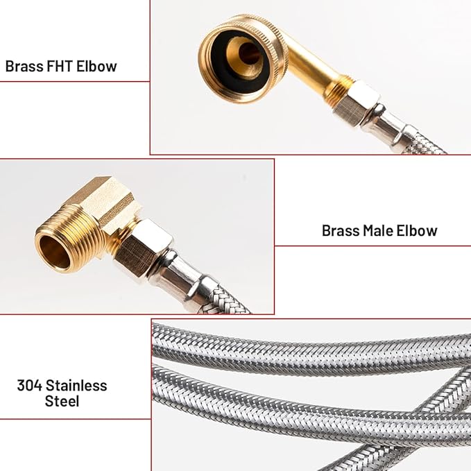Dishwasher Installation Kit, 10FT Supply Line with 3/8 Inch Compression Ends, 3/8 Inch MIP Elbow and 3/4 Inch FHT Elbow, Braided Stainless Steel Dishwasher Connectors, 41060
