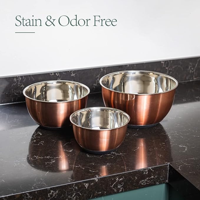 Samma Copper Mixing Bowls Set with Lids - Stainless Steel Interior, Non-Slip Black Silicone Base - Nesting Mixing Bowls for Baking, Cooking & Meal Prep (3-Piece Set)