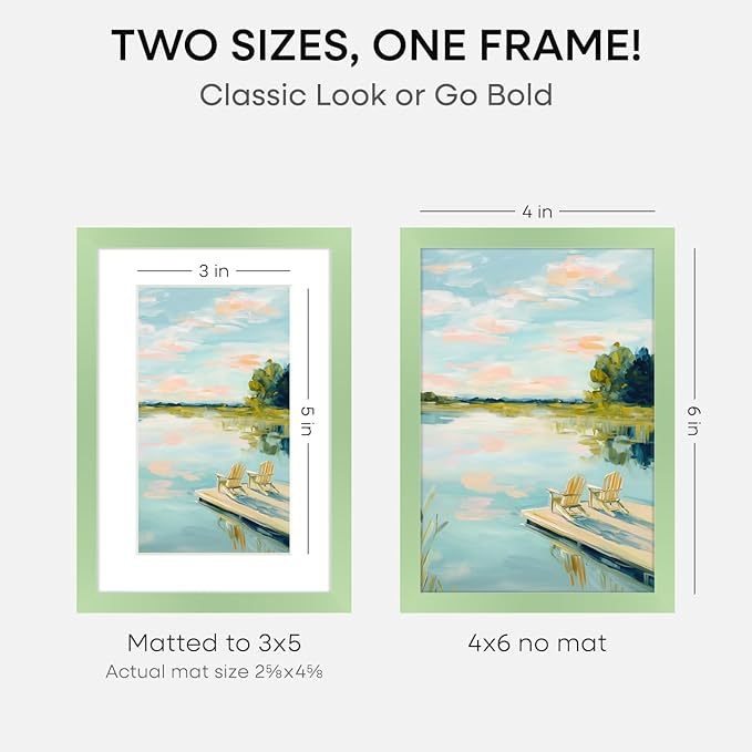 Homeforia Sage Green 4x6 Picture Frame, High End Metal 4 x 6 Frames with Mat 3 x 5 for Print, 4by6 Desk Frame Matted to 3x5 in Photo, 4 by 6 Wall or Tabletop Frames, Tempered Glass, Wall Kit, Set of 2
