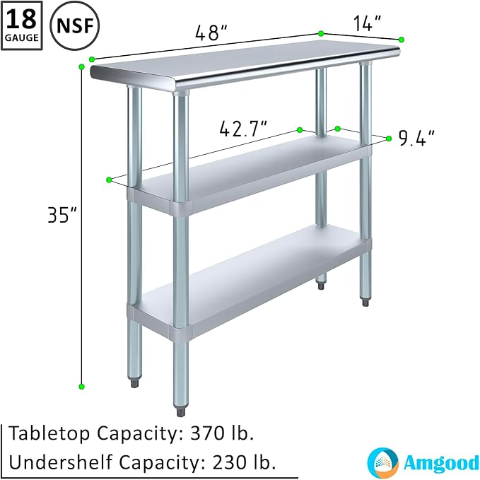 AmGood Stainless Steel Work Table with 2 Shelves | NSF | Metal Utility Table (48" Long x 14" Deep)