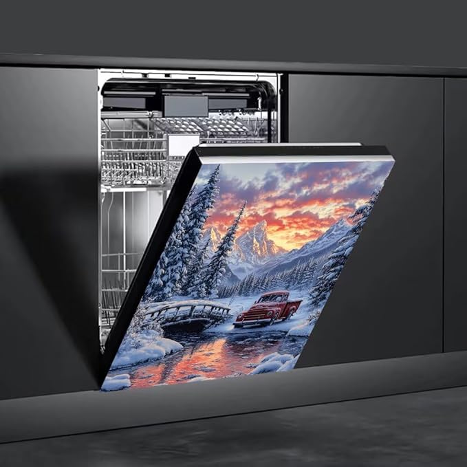 Winter Mountain Landscape with Red Truck Magnetic Dishwasher Cover Vinyl Sticker,Pine Trees Dishwasher Magnet Cover,Fridge Door Cover Magnets Art Skin Panel Decal for Home Decor, 23"X26"