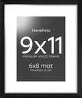 Homeforia 9x11 Black Wood Picture Frame, High End Oak 9 x 11 Frames with Mat 6 by 8 Print, 9by11 Black Wooden Frame Matted to 6x8 inch Photo, Wall or Tabletop Frame, Tempered Glass, Wall Kit, Set of 1