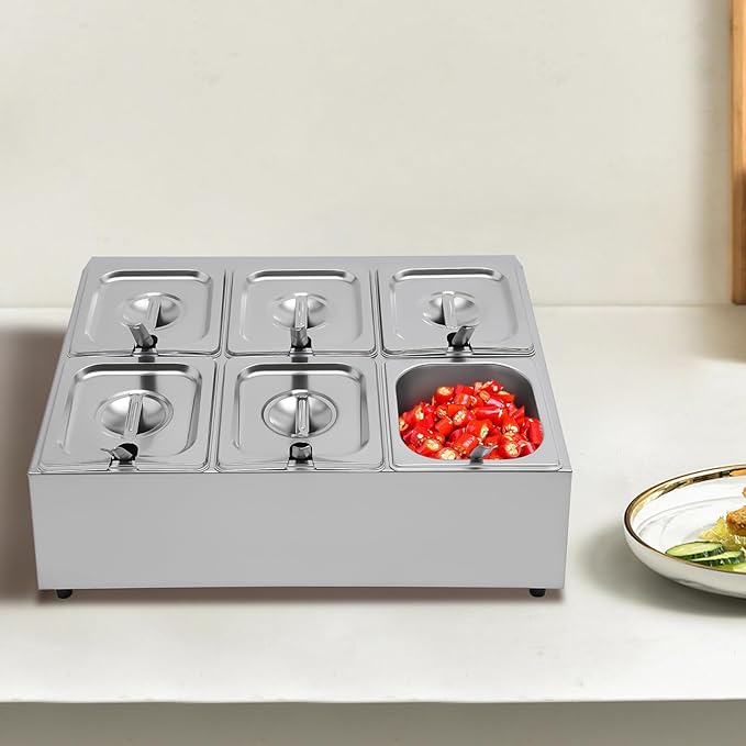 Pizza Topping Station Organizer Condiment Container Dispenser with 6 1/6 Pans& Lids, Stainless Steel Seasoning Food Containers Spice Rack Shelf Holder for Ingredients Sauce Salad Jam Fruits