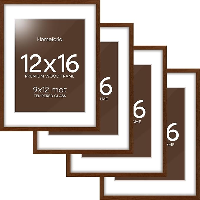 Homeforia 12x16 Picture Frame Brown, High End Dark Oak 12x16 Walnut Wood Poster Frame with Mat 9x12 Print, 12 x 16 Wooden Frame Matted to 9 x 12 Photo, 16x12 Frames, Tempered Glass, Wall Kit, Set of 4
