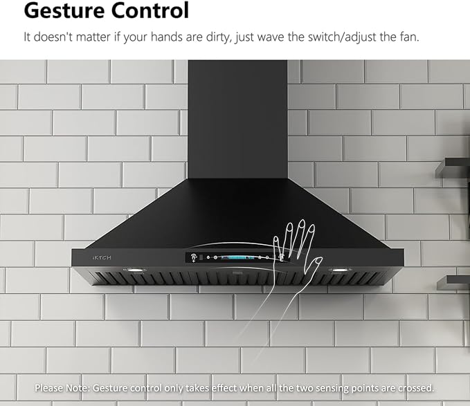 IKTCH 36 inch Black Wall Mount Range Hood, 900 CFM Ducted/Ductless Stainless Steel Vent Hood with Gesture Sensing & Touch Control Switch Panel, 2 Pcs Adjustable Lights
