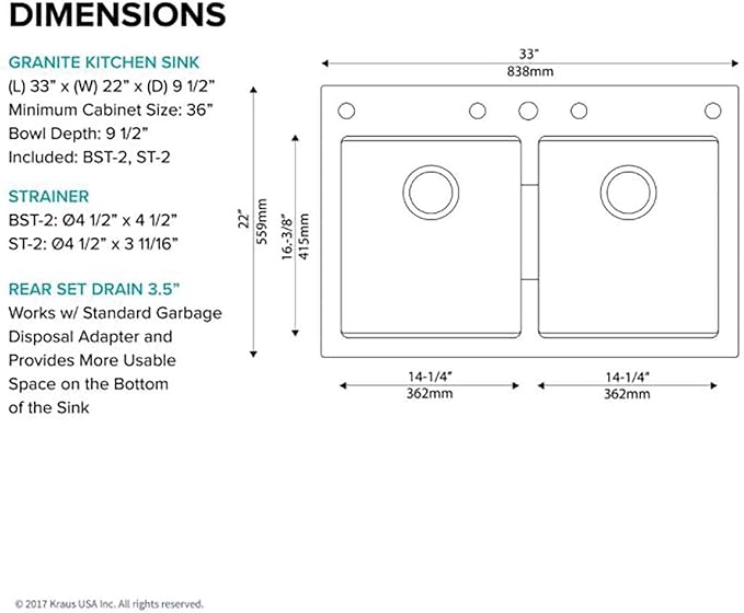 KRAUS Quarza 33-inch Drop-In/Undermount 50/50 Double Bowl Granite Kitchen Sink in Black Onyx, KGD-433B