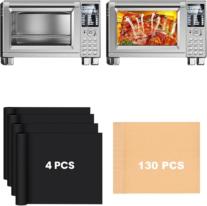 134PCS Air Fryer Liners Compatible with Nuwave Bravo XL Pro Air Fryer Toaster Oven 30QT, 130PCs Parchment Paper Sheets for Baking Roasting, 4PCs Non-Stick Teflon Baking Mats Toaster Oven Accessories