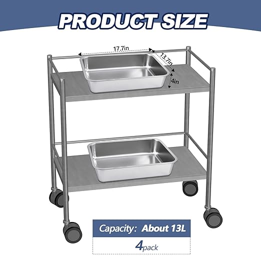 4 Pack Stainless Steel Commercial Bus Tubs Food Grade Meat Processing Tubs Lug Wash Basin Tote Box for Dishwashing, Kitchen, Restaurant, Utility (13 L)