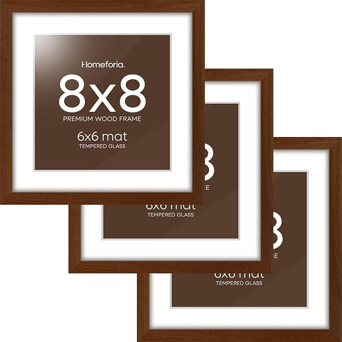 Homeforia 8x8 Picture Frame Brown, High-End Dark Oak 8 x 8 Square Brown Wood Frame with Mat 6 by 6 for Art, 8by8 Wooden Walnut Poster Frame Matted to 6x6 inch Photo, Tempered Glass, Wall Kit, Set of 3