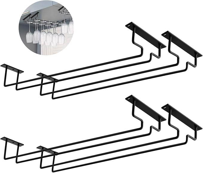 MOCOUM 15.6" Wine Glass Rack Under Cabinet - 4 Pack Stemware Holder, Holds Up To 10 Glasses, Wire Storage Hanger for Kitchen Bar (Black)