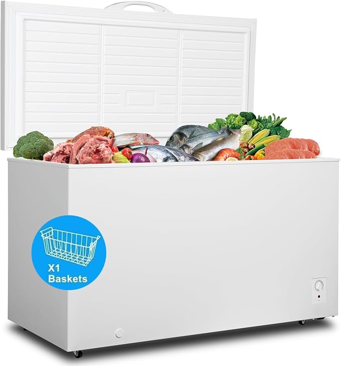 SMETA Deep Freezer 14 Cubic Feet, Chest Freezer Garage Ready, 4 Wheels Large Storage Chest Freezer with 1 Basket, Low Noise, Energy Saving, Thermostat Control for Home, Office, Kitchen, White