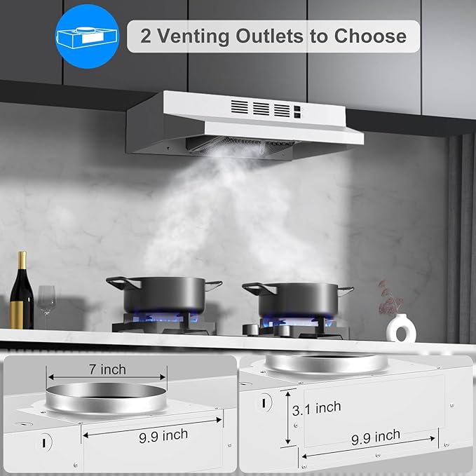 SNDOAS 24 inch Range Hood,230 CFM Under Cabinet Range Hood White,Hard Wired Ductless Range Hood Convertible Ducted,White Spray Painting Stainless Kitchen Hood with 2-Speed Fan,Rocker Switch