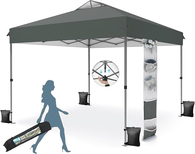MFSTUDIO 10x10 Pop up Canopy Tent, Gazebo Shelter Sun Shade Canopies One Push Setup Portable Popup Easy Set up Tents with Vented Top,Storage,4 Sandbags,for Beach,Parties,Camping