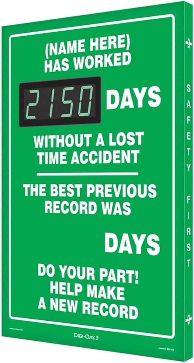 SmartSign "Add Your Name Here Has Worked_ Days Without a Lost Time Accident" Custom Electronic Safety Scoreboard | 20" x 28", Made in USA