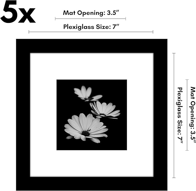 Americanflat 7x7 Picture Frame with Polished Plexiglass - Set of 5 - Use as 4x4 Frame with Mat or Display 7x7 Photo Without Mat - Galleria Collection - Square Frames for Tabletop and Wall - Black
