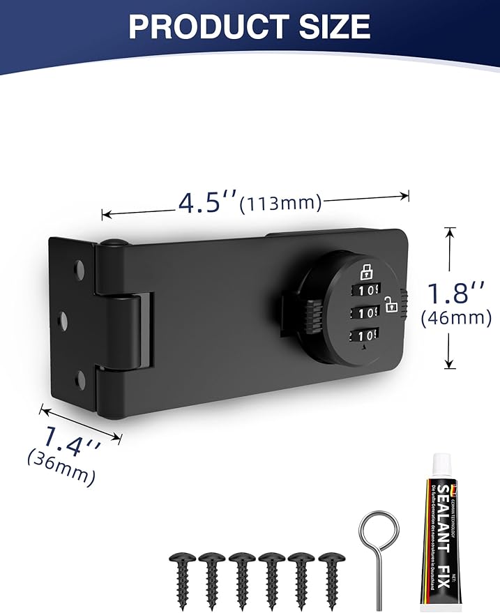 Keyless Cabinet Combination Lock, 3-Digit Password Twist Knob Hasp Latch for Doors, Cabinets, Drawers, Barn Door, Bathroom, Outdoor, Closet, Fence, Durable Zinc Alloy, (Black, 1 Pack)