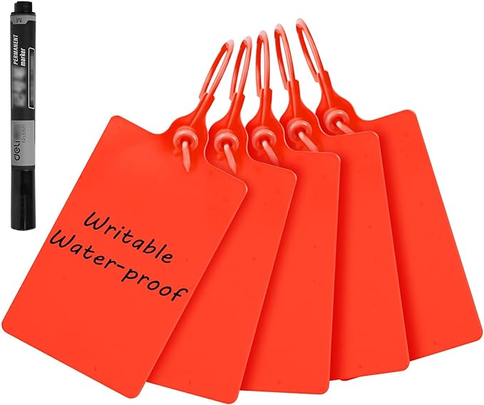 100 Plastic Waterproof Shipping Tags - Writable Marker Ties, Hanging Security Tamper Seals for Labeling and Storage - With One Marker Pen (Red)