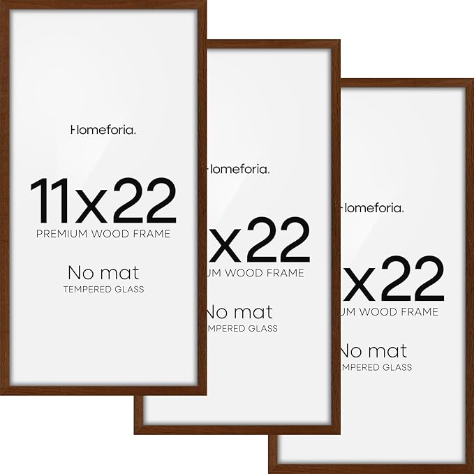 Homeforia 11x22 Newspaper Frame Brown, High End Dark Oak 11 x 22 Picture Frame Wood without Mat, 22x11 Wooden Walnut Poster Frames for Wall, 11 by 22 Display Frames, Tempered Glass, Wall Kit, Set of 3