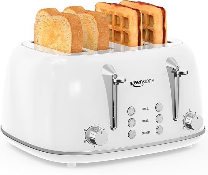 Keenstone Toaster 4 Slice, Retro Stainless Steel Wide Slot Toaster with Dual Independent Controls, 6 Browning Levels, Bagel, Defrost, Reheat & Cancel, Removable Crumb Tray, White
