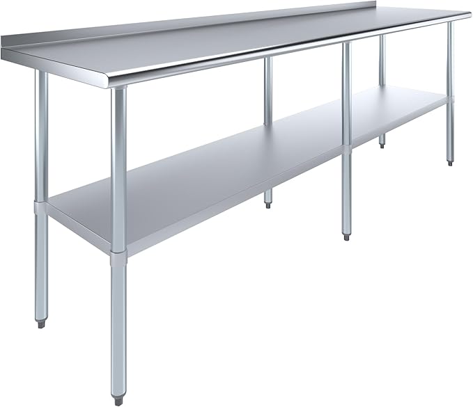 AmGood Stainless Steel Work Table with 1.5" Backsplash | Metal Kitchen Food Prep Table | NSF (96" Long x 24" Deep)