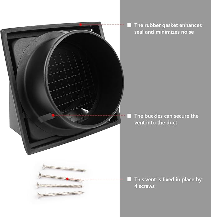 6 Inch Black Dryer Vent Cover Outside Stainless Steel Wall Vent with Removable Cover and Bird Screen Mesh RAL9011