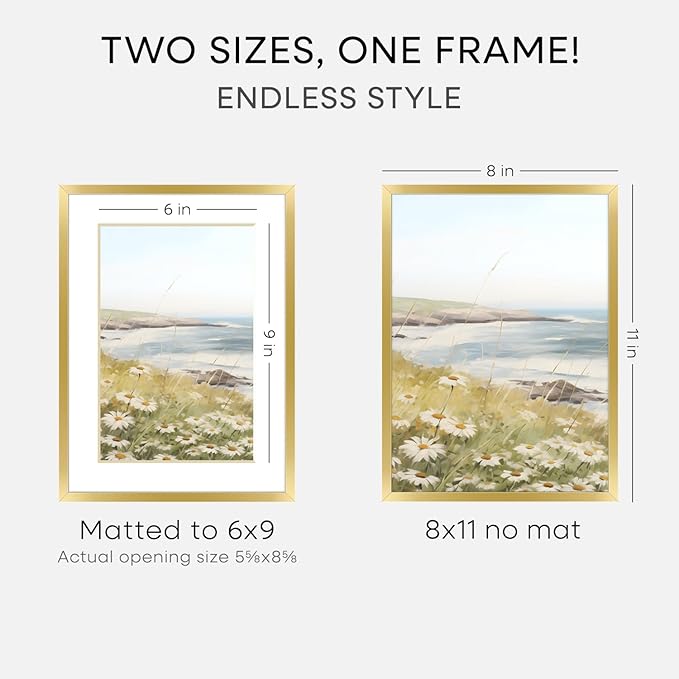 Homeforia 8x11 Picture Frame Gold, High End Metal 8 x 11 Poster Frames with Mat 6 by 9 for Photo, 11x8 Frame Matted to 6x9 inch Print, 8by11 Wall or Tabletop Frames, Tempered Glass, Wall Kit, Set of 2
