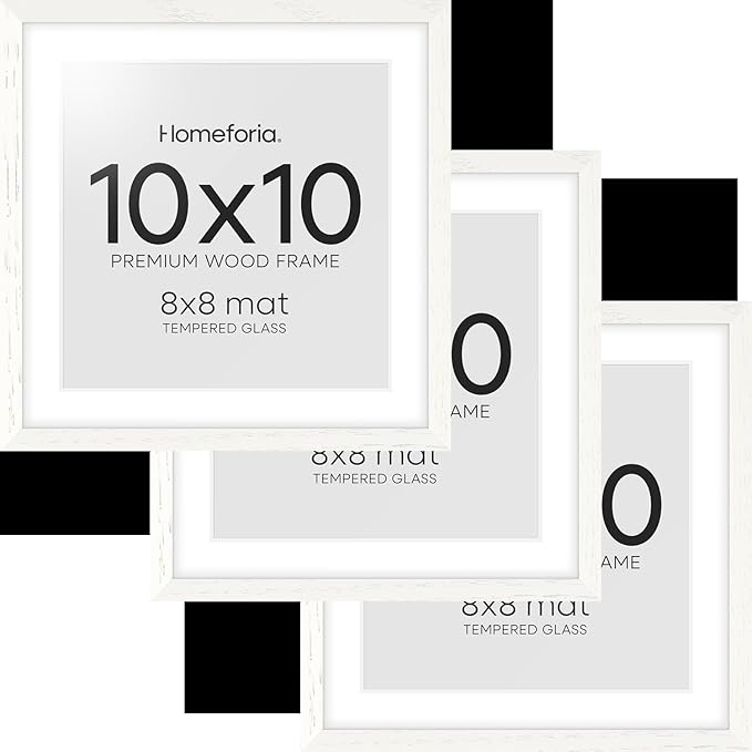 Homeforia 10x10 White Picture Frame, High-End Oak 10 x 10 Square Wooden Frames with Mat 8 by 8 Photo, 10by10 Wood Frame Matted to 8x8 Print, Wall or Tabletop Frames, Tempered Glass, Wall Kit, Set of 3
