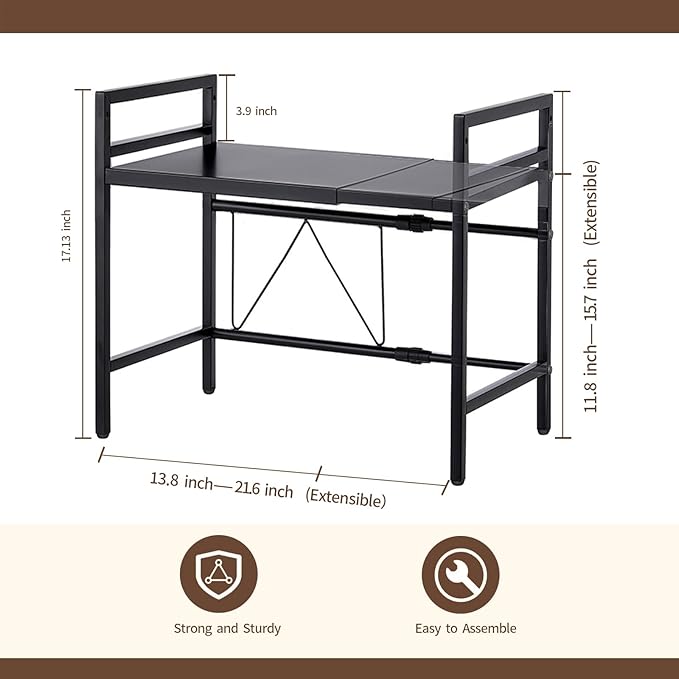 Microwave Oven Rack Expandable Countertop Heavy Duty Microwave Shelf 2-Tier Adjustable Metal Storage Shelf Rack for Kitchen(Black)