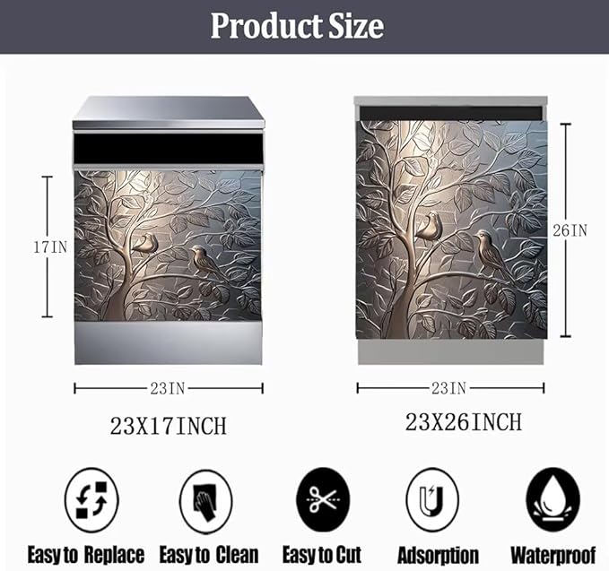 Stainless Steel Bird Dishwasher Magnet Cover - Kitchen Decorative Silver Dishwasher Cover Fridge Panel Decal, Magnetic Refrigerator Sticker Front Door Decals, Magnetic 23"X26"