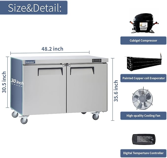ICECASA 48" W Commercial Refrigerator Worktop Undercounter Refrigerator 2 Door Stainless Steel Counter Fan Cooling Refrigerator 13 Cu.ft for Restaurant, Bar, Shop, etc