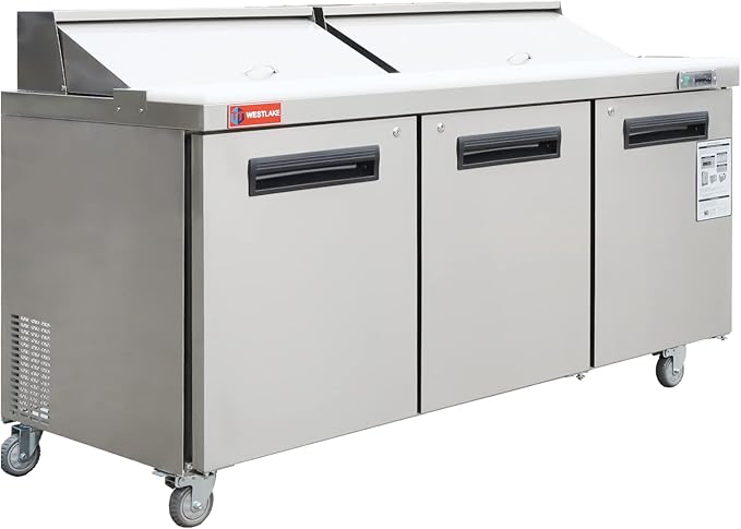WESTLAKE 72" W 3 Door Refrigerator Sandwich&Salad Prep Table Commercial Stainless Steel Counter Fan Cooling Refrigerator with 18 pans-72 Inches for Restaurant, Bar, Shop, etc