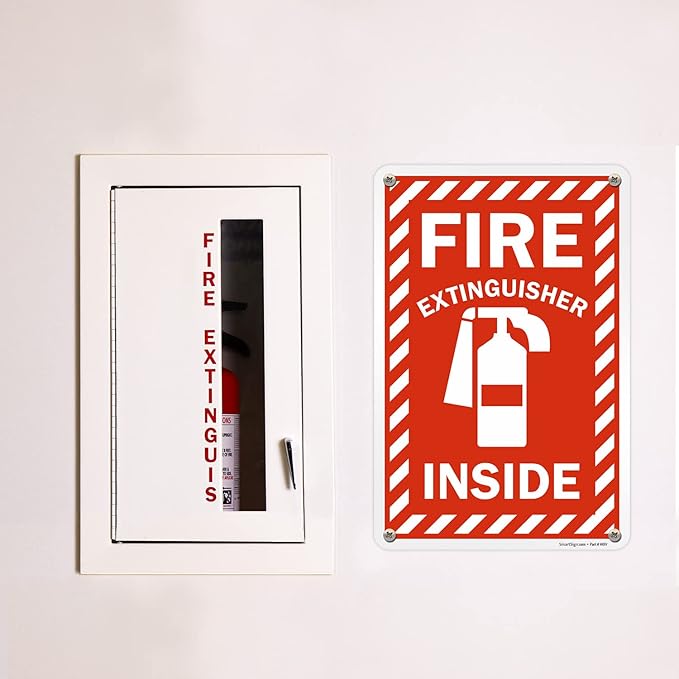 SmartSign 18 x 12 inch “Fire Extinguisher Inside” Sign with Pre-cleared Holes, Digitally Printed, 55 mil HDPE Plastic, Red and white, Made in USA
