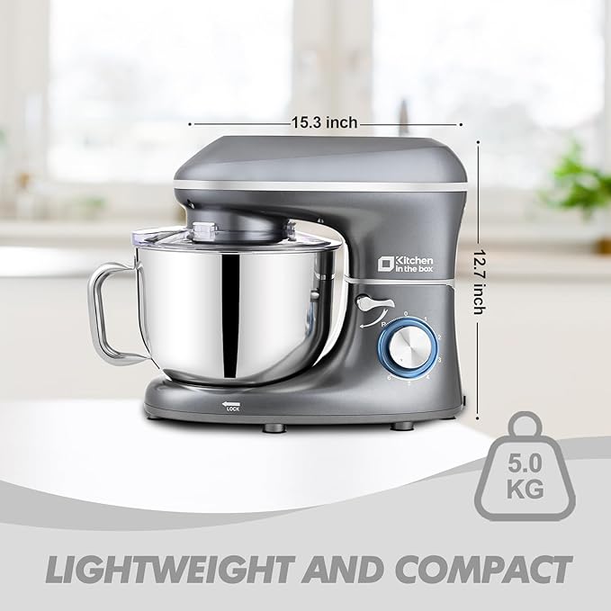 Kitchen in the box Stand Mixer, 6.5QT 660W Kitchen Electric Mixer, 6-Speed Tilt-Head Food Mixer with Dough Hook, Wire Whip and Beater (Grey)