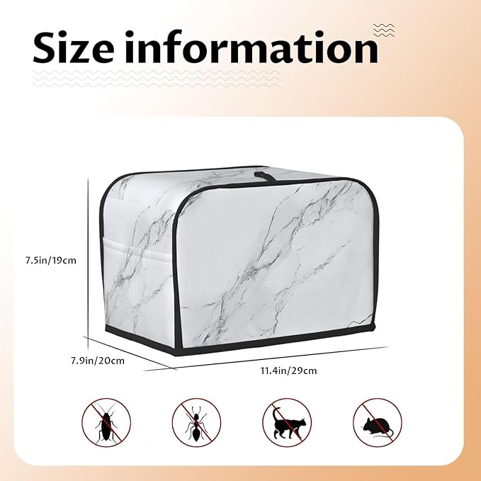 2 Slice Toaster Cover for Kitchen Marble White Gray Waterproof and Dustproof Oxford Fabric Toaster Dust Cover with Side Pockets Decorative Universal Cover for Wide Slot Toasters and Small Appliances