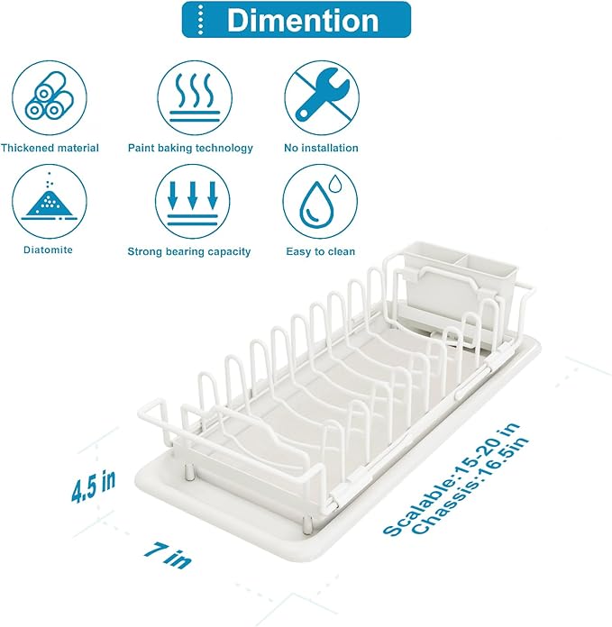 Sink Dish Drying Rack - Expandable Over Sink (15"-20" Fit), Diatomaceous Earth Tray for No-Drain Drying! Compact Dish Drainer for Small Kitchens, Apartments & RVs (White)