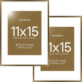 Homeforia 11x15 Bronze Picture Frame, High End Metal 11x15 Brass Frames with Mat 8.5x11, 11 x 15 Poster Frames Matted to 8.5 x 11 inch Photo, 11 by 15 Bronze Frames, Tempered Glass, Wall Kit, Set of 2