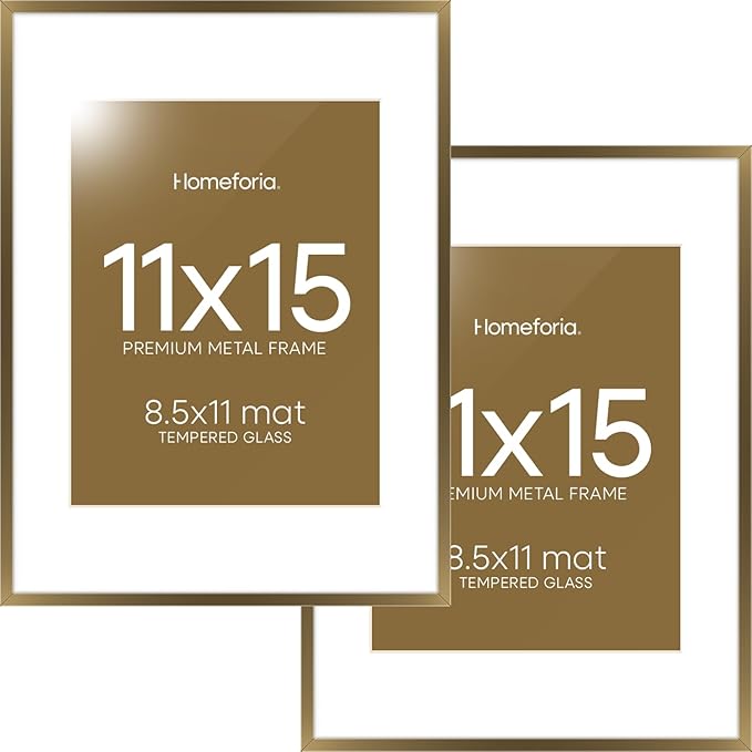 Homeforia 11x15 Bronze Picture Frame, High End Metal 11x15 Brass Frames with Mat 8.5x11, 11 x 15 Poster Frames Matted to 8.5 x 11 inch Photo, 11 by 15 Bronze Frames, Tempered Glass, Wall Kit, Set of 2