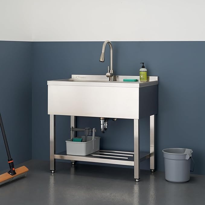 TRINITY Stainless Steel Freestanding Single Bowl Utility Sink for Garage, Laundry Room, and Commercial Use, Includes Pull-Out Faucet, NSF, UPC and cUPC Certified, 36" x 20" x 49.2", Stainless Steel