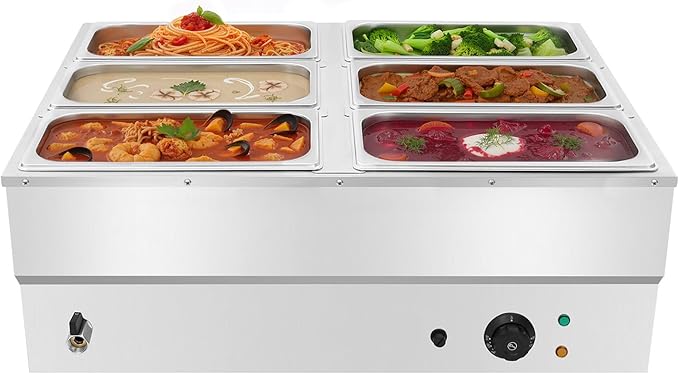 6-Pan Commercial Food Warmer 6.7L/1.77Gal Countertop Electric Steam Table 1500W Electric Food Warmer 86-230℉ Temp Control for Catering and Restaurant 26.97 x 21.26 x 11.22in