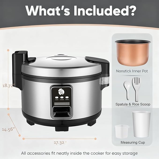 15L Large Capacity Commercial Rice Cooker & Food Warmer 84 cups cooked / 32 cups uncooked Stainless Steel rice Electiric Rice Cooker | One Touch | Automatic Warm with Non-Stick Inner pot